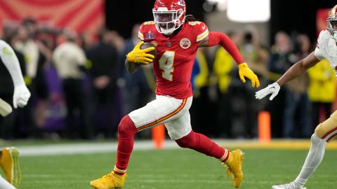 Kansas City Chiefs wide receiver Rashee Rice (4) runs against the San Francisco 49ers in NFL Super Bowl 58 football game Sunday, Feb. 11, 2024, in Las Vegas. (AP Photo/Doug Benc)