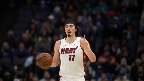 Miami Heat guard Jaime Jaquez Jr. (11) dribbles the ball up court in the first quarter of an NBA basketball game against the Sacramento Kings in Sacramento, Calif., Monday, Feb. 26, 2024. (AP Photo/José Luis Villegas)