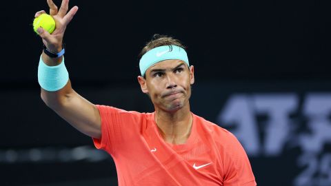 FILE - Rafael Nadal of Spain waves to the crowd in his match against Dominic Thiem of Austria during the Brisbane International tennis tournament in Brisbane, Australia, Tuesday, Jan. 2, 2024. Rafael Nadal pulled out of the BNP Paribas Open on Wednesday night, March 6, 2024, a day before he was supposed to play his first official match in two months. Nadal, a 22-time Grand Slam champion, posted the news on social media, writing that he was announcing the withdrawal “with great sadness.” (AP Photo/Tertius Pickard, File)