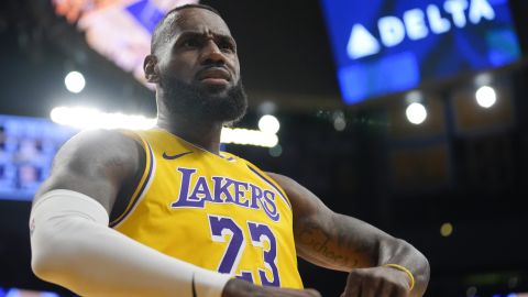 Los Angeles Lakers forward LeBron James (23) reacts after scoring against the Sacramento Kings during the first half of an NBA basketball game Wednesday, March 6, 2024, in Los Angeles. (AP Photo/Marcio Jose Sanchez)