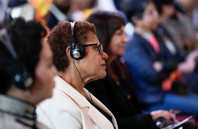 Los Angeles Mayor Karen Bass attends the International Women's Day event at Paris City Hall Friday, March 8, 2024 in Paris. Marches, demonstrations and conferences are being held the world over, from Asia to Latin America and elsewhere to mark International Women's Day. (AP Photo/Lewis Joly)