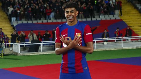 Barcelona's Lamine Yamal celebrates after scoring his side's opening goal during a Spanish La Liga soccer match between Barcelona and Mallorca at the Olimpic Lluis Companys stadium in Barcelona, Spain, Friday, March 8, 2024. (AP Photo/Joan Monfort)