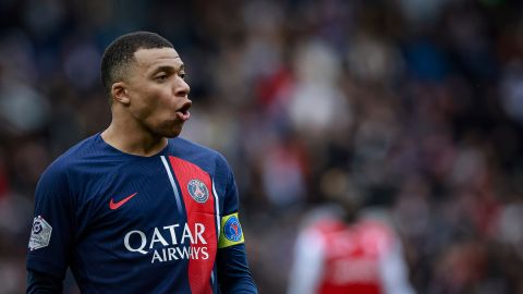 PSG's Kylian Mbappe reacts during the French League One soccer match between Paris Saint-Germain and Reims at the Parc des Princes stadium in Paris, France, Sunday, March 10, 2024. (AP Photo/Aurelien Morissard)