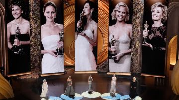 Sally Field, from left, Jennifer Lawrence, Michelle Yeoh, Charlize Theron, and Jessica Lange present the award for best performance by an actress in a leading role during the Oscars on Sunday, March 10, 2024, at the Dolby Theatre in Los Angeles. (AP Photo/Chris Pizzello)