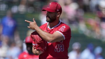 Los Angeles Angels starting pitcher Patrick Sandoval (43) motions towards the plate during the first inning of a spring training baseball game against the Texas Rangers, Monday, March 11, 2024, in Tempe, Ariz. (AP Photo/Matt York)