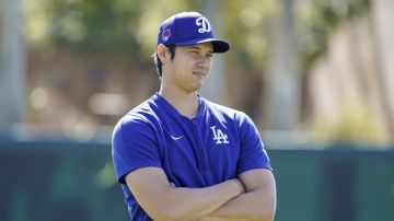 Los Angeles Dodgers designated hitter Shohei Ohtani participates in spring training baseball workouts at Camelback Ranch in Phoenix, Wednesday, March 13, 2024. (AP Photo/Darryl Webb)