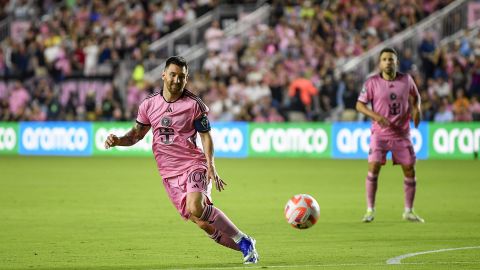 Inter Miami forward Lionel Messi chases the ball after a penalty kick during the first half of a CONCACAF Champions Cup soccer match against Nashville SC, Wednesday, March 13, 2024, in Fort Lauderdale, Fla. (AP Photo/Michael Laughlin)