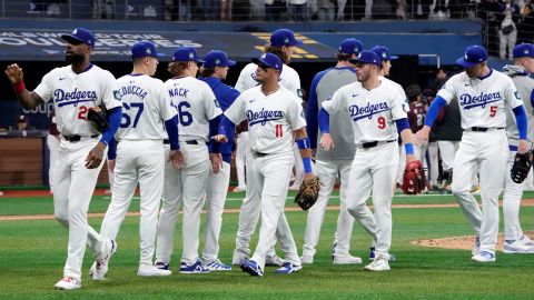 Players of Los Angeles Dodgers cerebrate after defeating Kiwoom Heroes at the exhibition game between the Los Angeles Dodgers and Kiwoom Heroes at the Gocheok Sky Dome in Seoul, South Korea, Sunday, March 17, 2024. The Los Angeles Dodgers and the San Diego Padres will meet in a two-game series on March 20th-21st in Seoul for the MLB World Tour Seoul Series. Dodgers won 14-3 over Heroes. (AP Photo/Ahn Young-Joon)