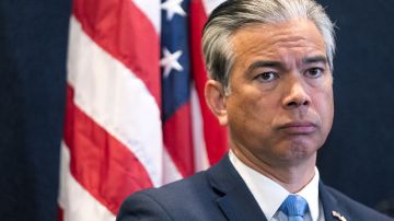 California Attorney General Rob Bonta takes questions from the media as he announces charges made against suspects involved in an organized retail crime ring during a news conference in Los Angeles Tuesday, March 19, 2024. (AP Photo/Damian Dovarganes)