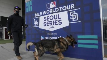 A police officer patrols with a dog prior to the 2024 Seoul Series game between Los Angeles Dodgers and San Diego Padres at Gocheok Sky Dom in Seoul, South Korea, Wednesday, March 20, 2024. South Korean police said they've found no explosives at Seoul's Gocheok Sky Dome after searching the site Wednesday following a reported bomb threat against Los Angeles Dodgers star Shohei Ohtani. (AP Photo/Ahn Young-joon)