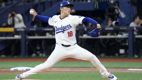 Los Angeles Dodgers starting pitcher Yoshinobu Yamamoto throws to the plate during the first inning of a baseball game against the San Diego Padres at the Gocheok Sky Dome in Seoul, South Korea Thursday, March 21, 2024, in Seoul, South Korea. (AP Photo/Ahn Young-joon)