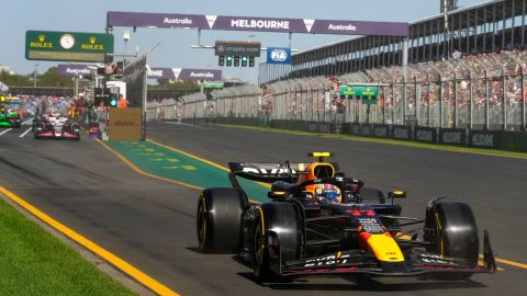 Red Bull driver Sergio Perez of Mexico steers his car out of pit lane during the second practice session of the Australian Formula One Grand Prix at Albert Park, in Melbourne, Australia, Friday, March 22, 2024. (AP Photo/Scott Barbour)