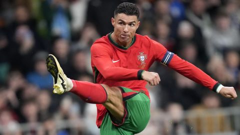 FILE - Portugal's Cristiano Ronaldo attempts a shot at goal during the international friendly soccer match between Slovenia and Portugal at the Stozice stadium in Ljubljana, Slovenia, Tuesday, March 26, 2024. The 24-team lineup is complete and all roads now lead to Germany for the European Championship. (AP Photo/Darko Bandic), File)