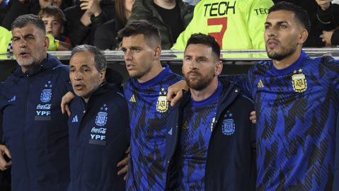 Argentina's Lionel Messi, second from right, embraces with teammates prior to a qualifying soccer match for the FIFA World Cup 2026 against Paraguay at the Monumental stadium in Buenos Aires, Argentina, Thursday, Oct. 12, 2023. (AP Photo/Gustavo Garello)