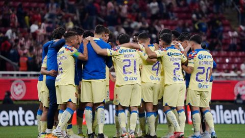 Guadalajara, Jalisco a 16 de Marzo de 2024. Jugadores del América , durante el partido correspondiente a la jornada 12 del torneo Clausura 2024 de la Liga BBVA MX, entre las chivas rayadas de Guadalajara y las águilas del América, realizado en el estadio Akron. Foto: Imago7/Sebastian Laureano Miranda