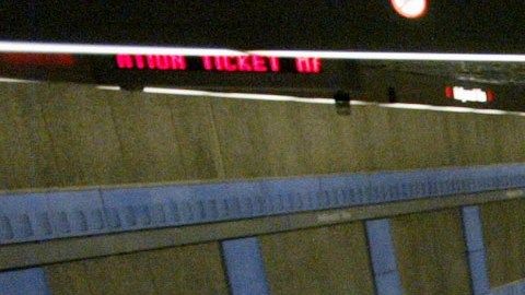 Los Angeles County Sheriff's Deputy Baron Howard, lower left, descends to the platform on the Los Angeles Metro subway's Hollywood and Vine Station during regular patrol Friday, March 12, 2004. Authorities around California said Friday they were being vigilant in guarding transportation systems after the bombings in Spain, and some commuters were on edge. The sheriff's department has been running drills to prepare for attacks on rail and bus lines. (AP Photo/Nick Ut)