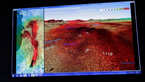 FILE - This Jan. 28, 2012 file photo shows a computer-generated graphic displayed at a news conference at the California Institute of Technology in Pasadena, Calif. The graphic shows the progression of earthquake shock waves along the San Andreas Fault from the Salton Sea to downtown Los Angeles. Developers testing an earthquake early warning system for the West Coast say its alerts are ready to be used much more broadly, but not for mass public notification. U.S. Geological Survey official Doug Given told reporters Wednesday, Oct. 17, 2018 at Caltech that the ShakeAlert system has transitioned from a production prototype to operational mode. The system is being built for California, Oregon and Washington. (AP Photo/Reed Saxon, File)