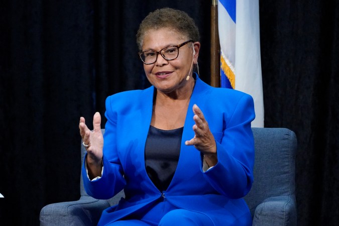 Rep. Karen Bass, D-Calif., answers a question as she participates in a forum for Los Angeles mayor on Wednesday, Oct. 26, 2022, in Los Angeles. (AP Photo/Mark J. Terrill)