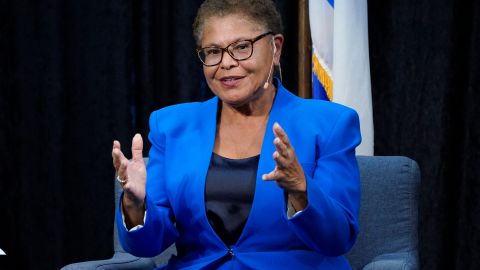 Rep. Karen Bass, D-Calif., answers a question as she participates in a forum for Los Angeles mayor on Wednesday, Oct. 26, 2022, in Los Angeles. (AP Photo/Mark J. Terrill)