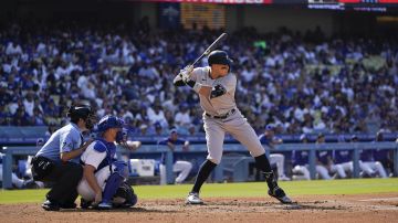 New York Yankees' Aaron Judge (99) waits for a pitch during a baseball game against the Los Angeles Dodgers in Los Angeles, Saturday, June 3, 2023. (AP Photo/Ashley Landis)