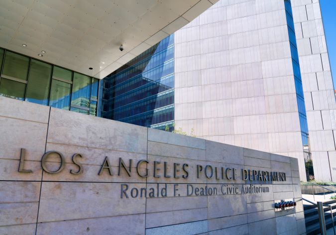 The entrance to the Los Angeles Police Department headquarters are seen in downtown Los Angeles on Tuesday, Oct. 3, 2023. (AP Photo/Richard Vogel)