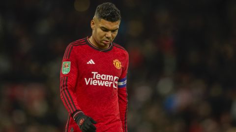 Manchester United's Casemiro leaves the pitch after the first half during the EFL Cup fourth round soccer match between Manchester United and Newcastle at Old Trafford stadium in Manchester, England, Wednesday, Nov. 1, 2023. (AP Photo/Dave Thompson)