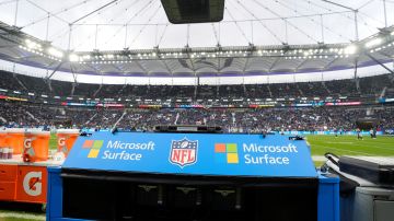 Microsoft Surface cart on the sidelines before the Indianapolis Colts take on the New England Patriots in an NFL football game at Deutsche Bank Park Stadium in Frankfurt, Germany, Sunday, Nov. 12, 2023. The Colts defeated the Patriots 10-6. (AP Photo/Doug Benc)