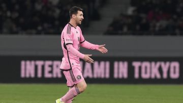 Inter Miami's Lionel Messi reacts during the friendly soccer match between Vissel Kobe and Inter Miami CF at the National Stadium, Wednesday, Feb. 7, 2024, in Tokyo, Japan. (AP Photo/Eugene Hoshiko)