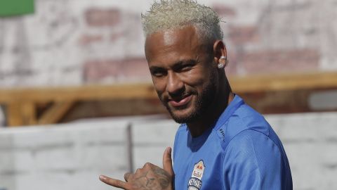 FILE - Brazilian soccer player Neymar flashes fans the Hawaiian "shaka" hand sign during the Neymar Jr's Five youth soccer tournament in Praia Grande, Brazil, July 13, 2019. Hawaii’s “shaka” hand sign is sometimes known as the “hang loose” gesture associated with surf culture. But it was a fixture of daily life in the islands long before it caught on in California, Brazil and beyond. (AP Photo/Andre Penner, File)