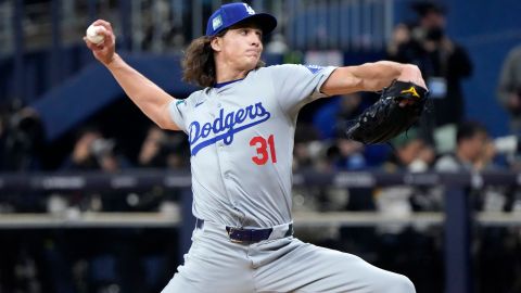 Los Angeles Dodgers starting pitcher Tyler Glasnow throws to the plate during the first inning of an opening day baseball game against the San Diego Padres at the Gocheok Sky Dome in Seoul, South Korea Wednesday, March 20, 2024, in Seoul, South Korea. (AP Photo/Ahn Young-joon)