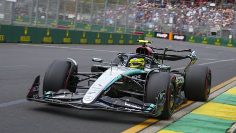 Mercedes driver Lewis Hamilton of Britain steers his car during the third practice session of the Australian Formula One Grand Prix at Albert Park, in Melbourne, Australia, Saturday, March 23, 2024. (AP Photo/Asanka Brendon Ratnayake)