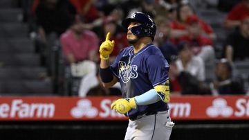 Tampa Bay Rays' Isaac Paredes reacts after hitting a solo home run against the Los Angeles Angels during the seventh inning of a baseball game in Anaheim, Calif., Tuesday, April 9, 2024. (AP Photo/Alex Gallardo)