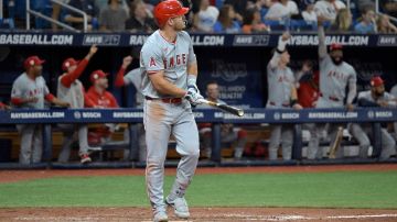 Los Angeles Angels' Mike Trout watches his two-run home run off Tampa Bay Rays reliever Phil Maton during the eighth inning of a baseball game Monday, April 15, 2024, in St. Petersburg, Fla. (AP Photo/Steve Nesius)