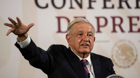 Mexican President Andres Manuel Lopez Obrador gives his regularly scheduled morning press conference at the National Palace in Mexico City, Tuesday, April 16, 2024. (AP Photo/Marco Ugarte)