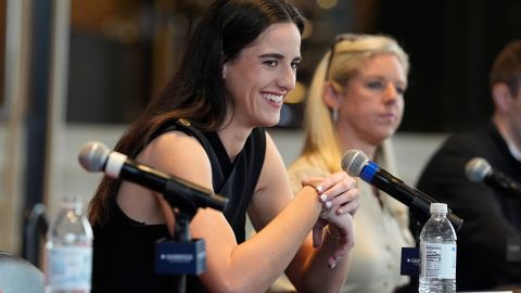 Indiana Fever's Caitlin Clark speaks during a WNBA basketball news conference, Wednesday, April 17, 2024, in Indianapolis.