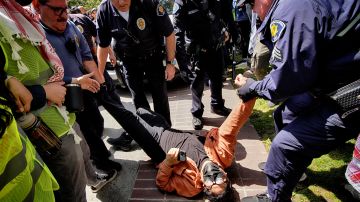 Un manifestante es detenido por agentes del Departamento de Seguridad Pública de Southern California University (USC) durante una ocupación pro palestina en el campus el 24 de abril de 2024 en Los Ángeles.