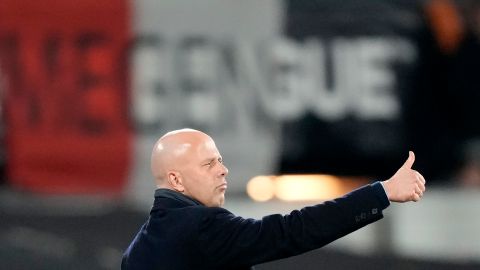 FILE- Feyenoord's head coach Arne Slot reacts to his players during the Europa League play off, first leg soccer match between Feyenoord and Roma at De Kuip stadium in Rotterdam, Netherlands, Thursday, Feb. 15, 2024. Liverpool might have found its replacement for Jurgen Klopp. Feyenoord coach Arne Slot says his Dutch club is “negotiating” with Liverpool over his possible move to Anfield. Slot tells ESPN he is “still on hold" and “we have to wait for an agreement to be reached, but I have every confidence in that.” (AP Photo/Peter Dejong, File)