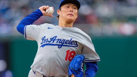 Los Angeles Dodgers pitcher Yoshinobu Yamamoto throws during the third inning of a baseball game against the Washington Nationals at Nationals Park, Thursday, April 25, 2024, in Washington. (AP Photo/Alex Brandon)