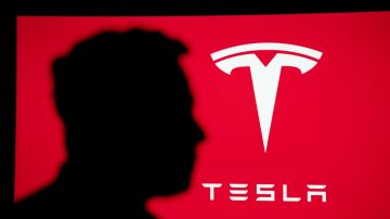 Elon Musk, director ejecutivo y arquitecto de productos de Tesla, Inc. Retrato sobre fondo rojo.