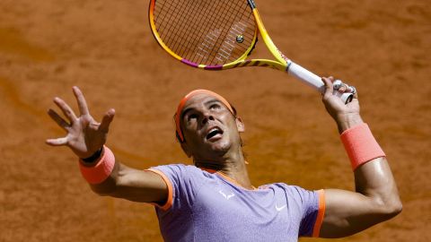 Rome (Italy), 11/05/2024.- Rafael Nadal of Spain in action during his men's singles 2nd round match against Hubert Hurkacz of Poland (not pictured) at the Italian Open tennis tournament in Rome, Italy, 11 May 2024. (Tenis, Italia, Polonia, España, Roma) EFE/EPA/FABIO FRUSTACI