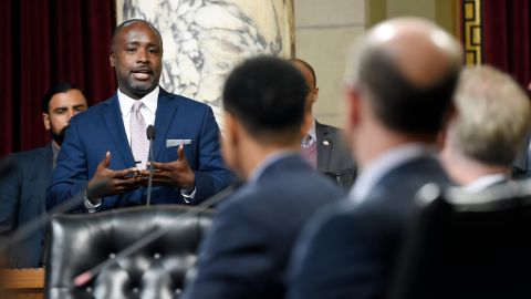 Los Angeles City Council member Marqueece Harris-Dawson addresses the chambers before the council voted unanimously to approve new regulations for the marijuana industry, on Wednesday, Dec. 6, 2017, in Los Angeles. (AP Photo/Chris Pizzello)