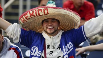 A Los Angeles Dodgers fans reacts while the team warms up on the field before Game 3 of the baseball team's National League Division Series against the Washington Nationals, Sunday, Oct. 6, 2019, in Washington. (AP Photo/Julio Cortez)