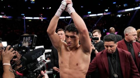 Dmitry Bivol, of Kyrgyzstan, celebrates after defeating Canelo Alvarez, of Mexico, in a light heavyweight title fight, Saturday, May 7, 2022, in Las Vegas. (AP Photo/John Locher)