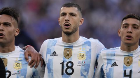 Argentina's Guido Rodriguez, 18, during his side's national anthem before the Finalissima soccer match between Italy and Argentina at Wembley Stadium in London, Wednesday, June 1, 2022. (AP Photo/Matt Dunham)