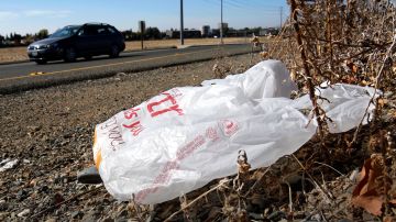 FILE - In this Oct. 25, 2013, file photo, a plastic bag sits along a roadside in Sacramento, Calif. California in 2014 enacted the nation's first ban on single-use plastic shopping bags. But in 2022, state Attorney General Rob Bonta says consumers who think they're helping the environment with reusable plastic bags had better think again. He says manufacturers can't back up their claim that the thicker, more durable bags are recyclable in California. (AP Photo/Rich Pedroncelli, File)