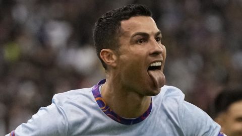 Cristiano Ronaldo celebrates after scoring his side's second goal playing for a combined XI of Saudi Arabian teams Al Nassr and PSG during a friendly soccer match, at the King Saud University Stadium, in Riyadh, Saudi Arabia, Thursday, Jan. 19, 2023. (AP Photo/Hussein Malla)