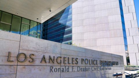 The entrance to the Los Angeles Police Department headquarters are seen in downtown Los Angeles on Tuesday, Oct. 3, 2023. (AP Photo/Richard Vogel)