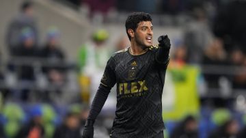 Los Angeles FC forward Carlos Vela yells during the first half of an MLS conference semifinal playoff soccer match against the Seattle Sounders, Sunday, Nov. 26, 2023, in Seattle. (AP Photo/Lindsey Wasson)