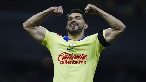 America's Henry Martin celebrates scoring his side's second goal against Leon's during a Mexican soccer league match at the Azteca stadium in Mexico City, Saturday, Dec. 2, 2023. (AP Photo/Marco Ugarte)