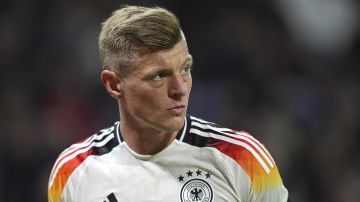 Germany's Toni Kroos during an international friendly soccer match between France and Germany at the Groupama stadium in Decines, near Lyon, central France, Saturday, March 23, 2024. (AP Photo/Laurent Cipriani)